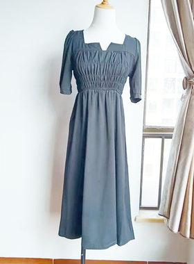 女士夏季新款通勤高腰方领连衣裙
