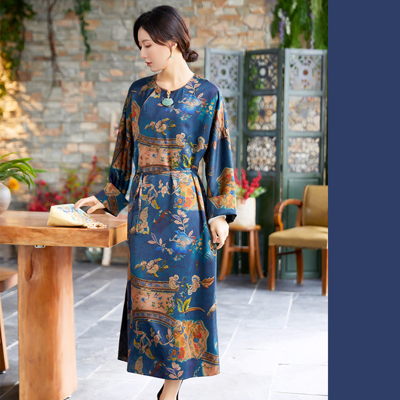tl799古董衣绣花纹样印花香云纱中式复古长袖旗袍裙连衣裙春秋冬