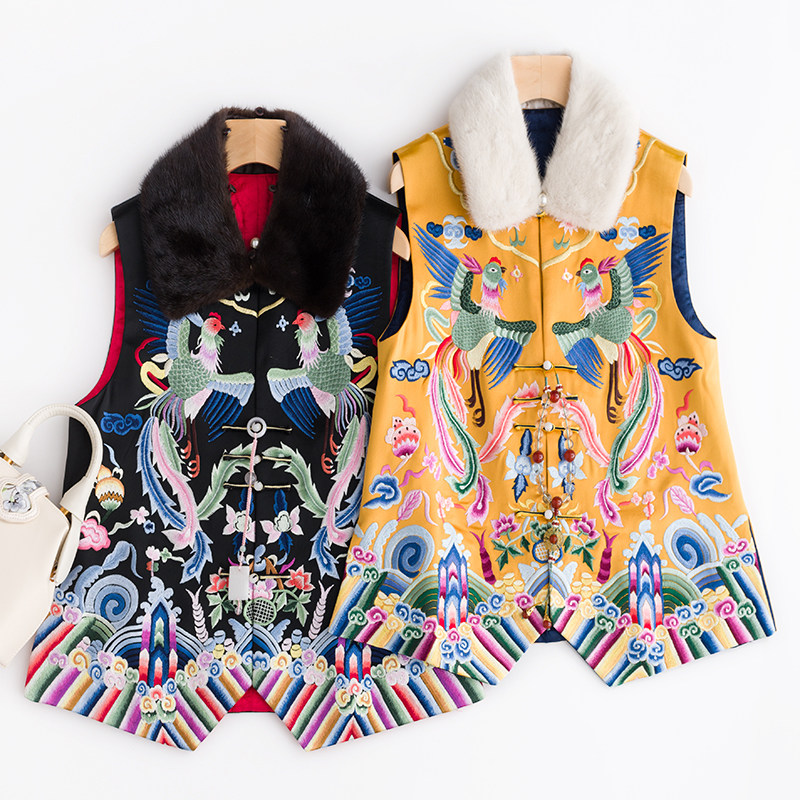 cpp198加大毛领重工祥瑞双凤海水江崖中式刺绣满绣棉马甲女秋冬