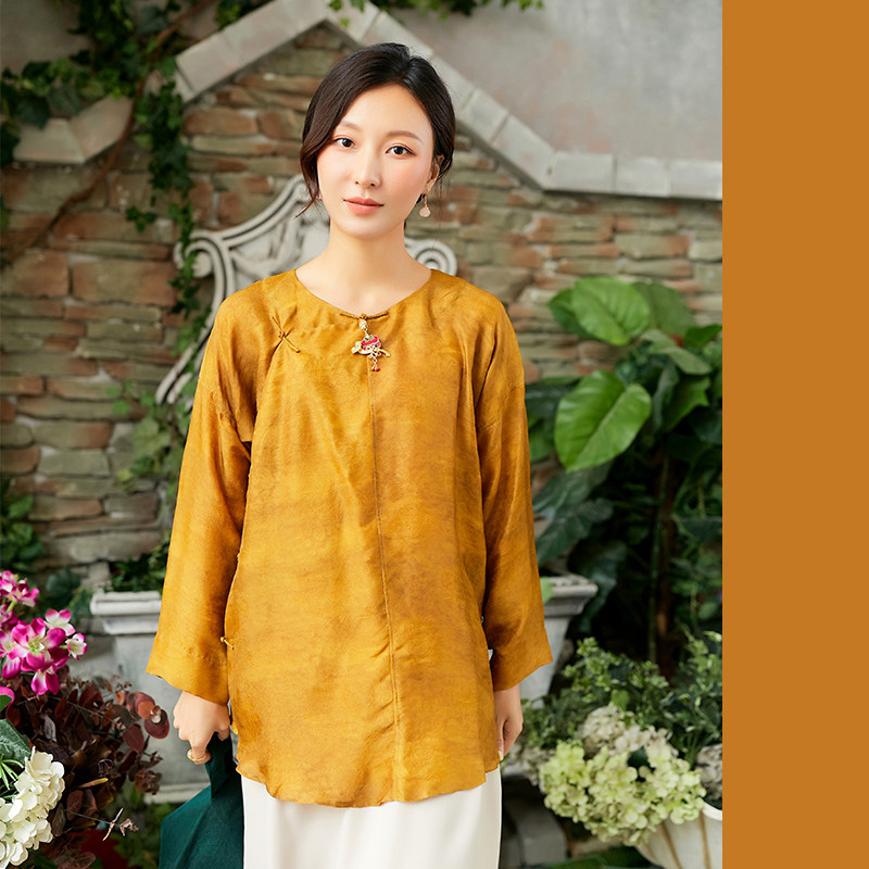 mgsz557买二免一高贵皇室金改良中国风盘扣真丝长袖旗袍上衣女春