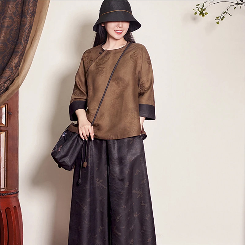 gm1450真丝香云纱万字纹团花斜襟圆领翻袖中式唐装上衣衬衣