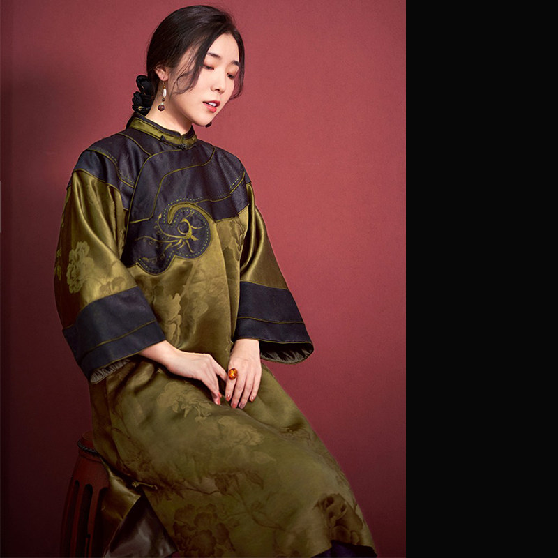 gm713原创设计唐装大码中式香云纱改良旗袍式棉服连衣裙中长秋冬