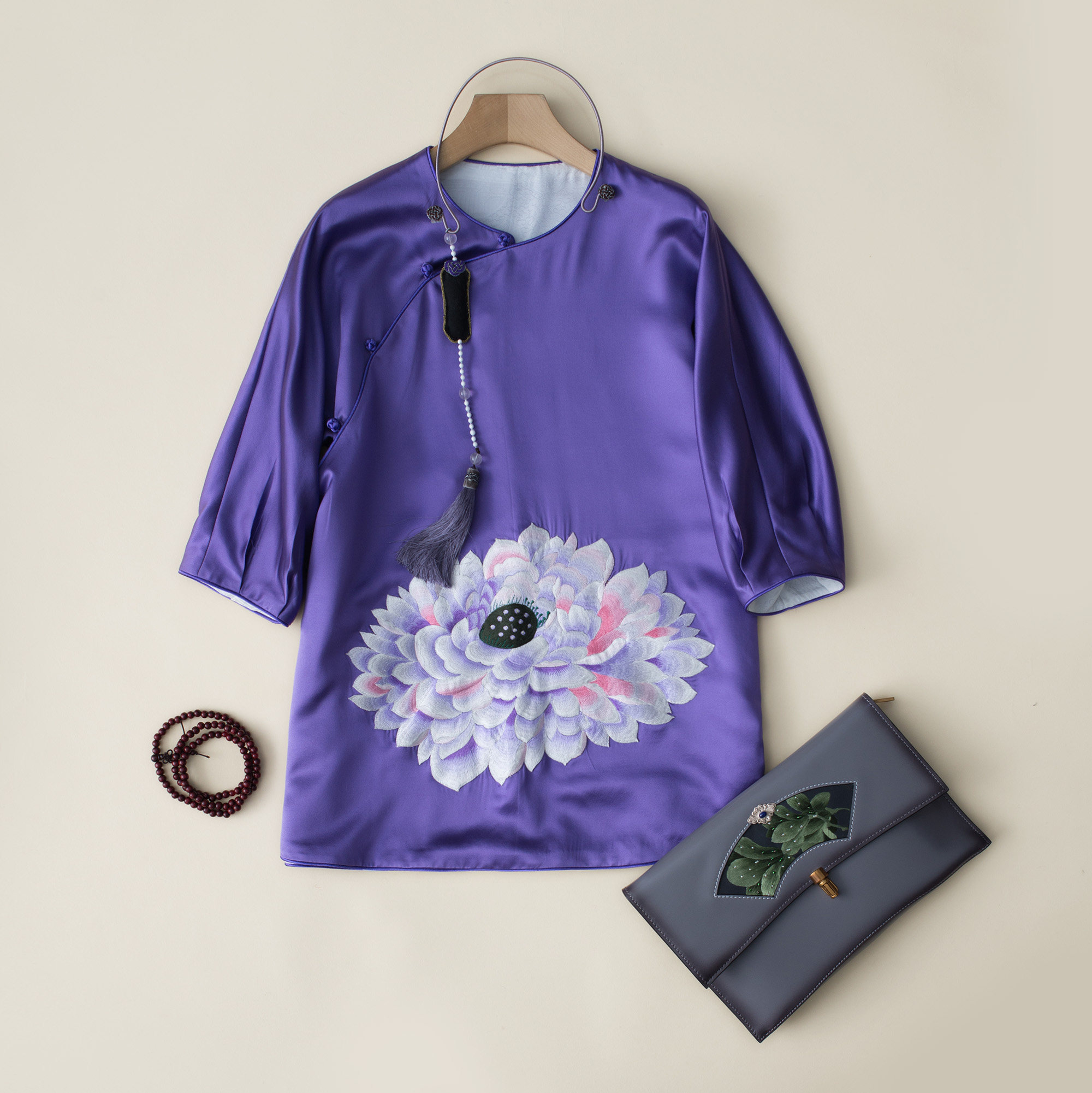 jcl058秋冬新款吉祥真丝软缎素净大莲花薄棉棉袄女秋冬春上衣中式