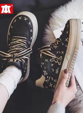 人本中帮女黑色交叉绑带休闲板鞋百搭学生鞋潮加厚保暖加绒23105