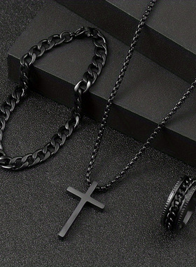 欧美爆款潮流复古十字架项链手链戒指3件套跨境TEMU热销首饰套装