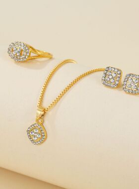 合金跨境轻奢镶钻几何形项链戒指耳环3件套时尚简约百搭首饰套装