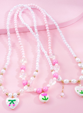 跨境热卖天然珍珠儿童项链卡通爱心设计花朵图案吊坠可爱女孩配饰