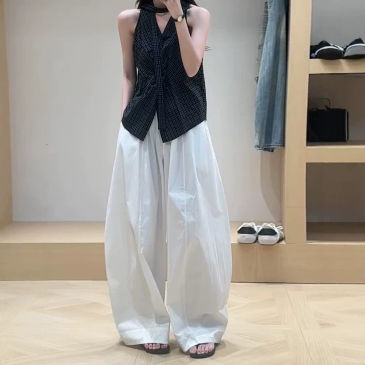 巨好看韩系穿搭一整套2026超火无袖格子上衣白色阔腿裤套装女夏季