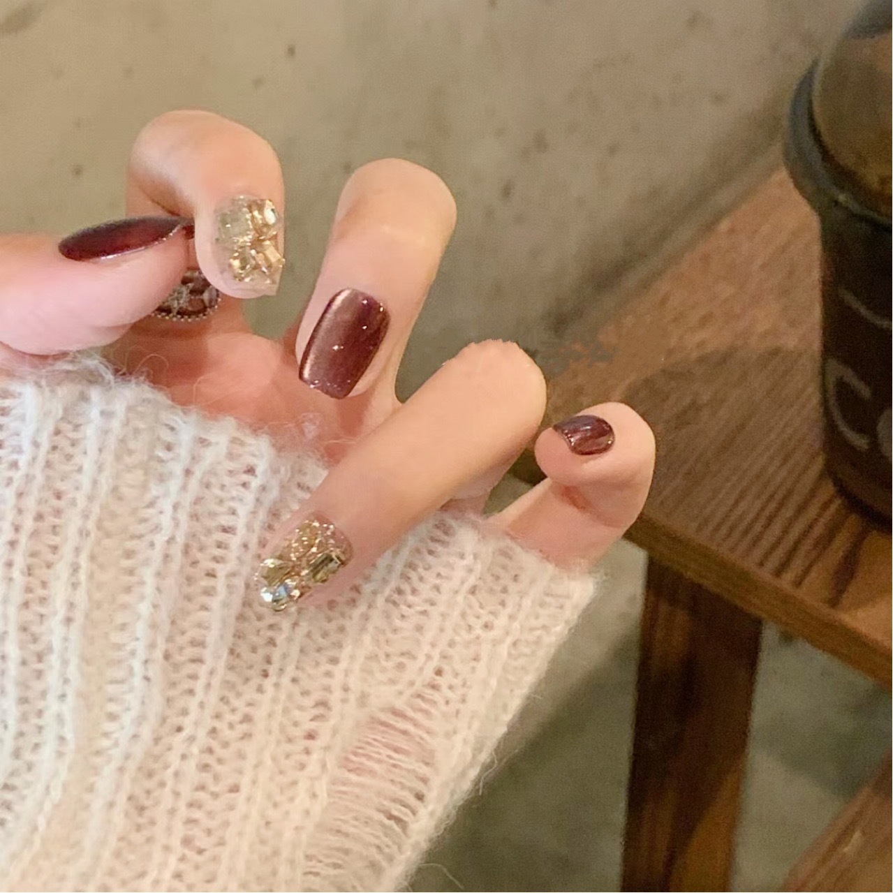 手工穿戴甲美甲冬爆款美拉德焦糖猫眼满钻百搭气质可拆卸假指甲