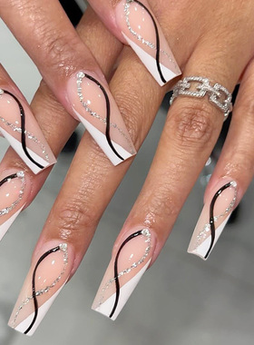 银色闪粉点钻穿戴甲白色拼接黑色线条美甲甲片press on