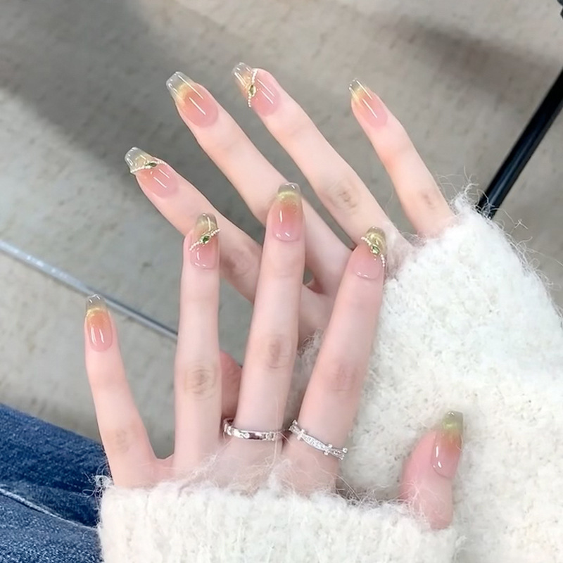 手工穿戴甲美甲甲片绿色法式猫眼水钻指甲贴片成品可拆卸假指甲