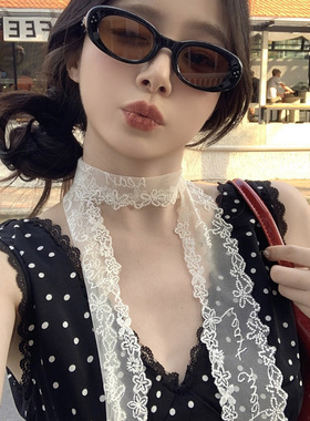 优雅春新款白色蕾丝花边护颈飘带女法式慵懒纯欲风绑系领巾丝巾