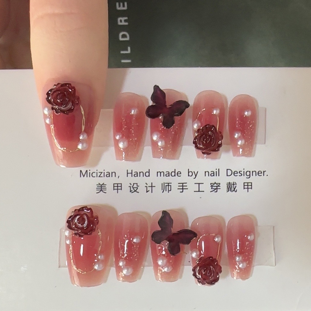 【酒红蝴蝶】猫眼纯手工穿戴甲指甲贴片美甲假指甲3027#百搭