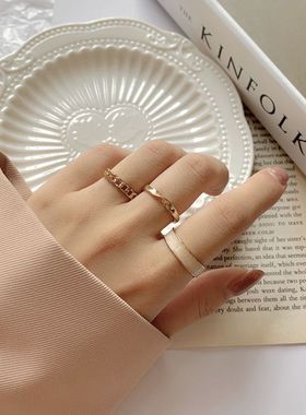 时尚素圈戒指三件套套装组合个性ins潮冷淡风开口可调节食指戒女