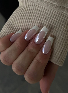 2024新品法式白色穿戴甲nails美甲短梯型穿戴式甲片成品