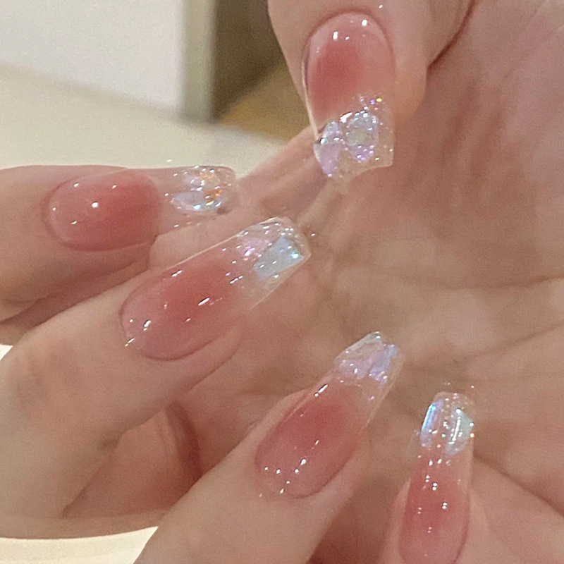 穿戴甲批发腮红纯欲风冰透极光钻短芭蕾美甲甲片成品辣妹指甲
