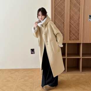 2026新款獭兔毛连帽双面羊毛大衣女长款羊毛毛呢大衣秋冬宽松外套