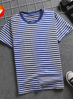 蓝白条纹大码海魂衫班服情侣装