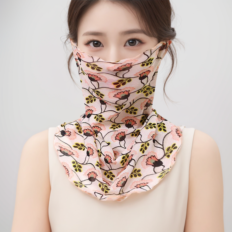 夏季薄款面纱防晒面罩遮脸挂耳透气纱巾防晒防紫外线蕾丝印花围脖