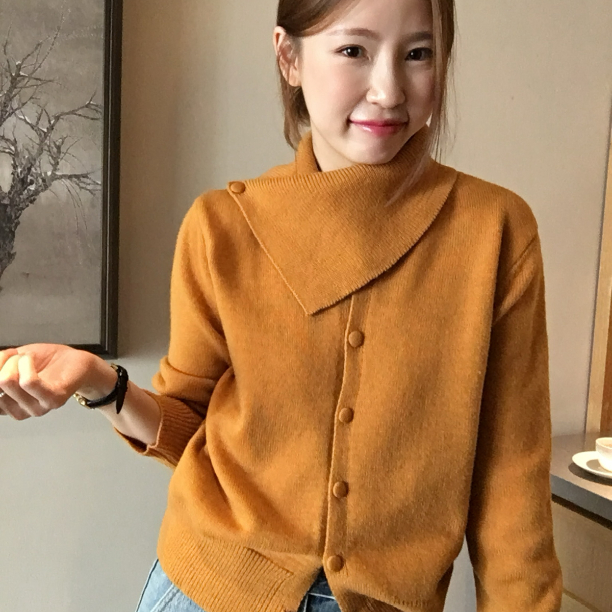 ITTIN韩标WoolBlend｜设计感围脖单排扣不对称套头保暖毛衣G1739