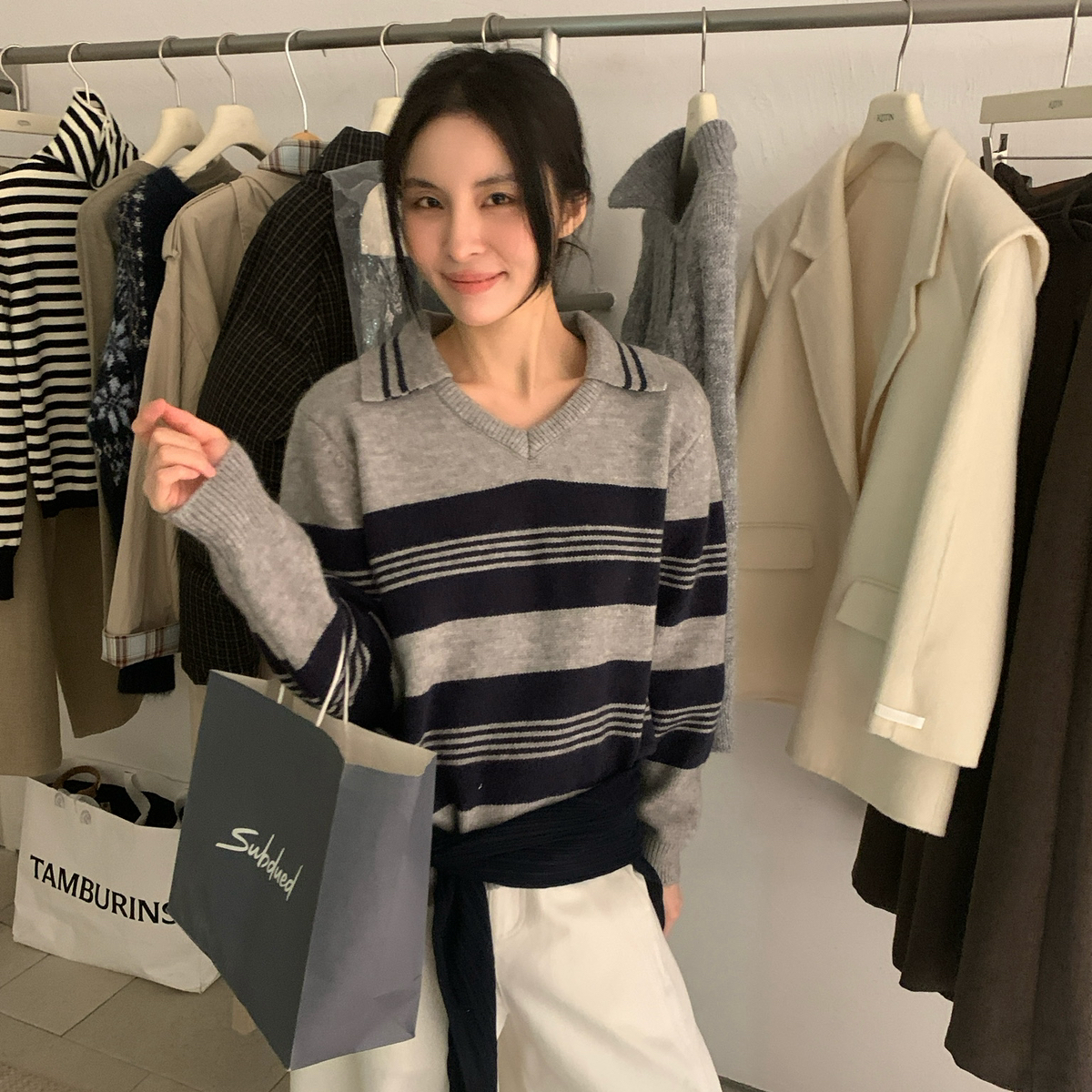 KITTIN-张弛有度韩标WoolBlend｜极简风条纹v领Polo保暖毛衣G1957