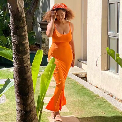 欧美大码鱼尾裙橙色包臀性感