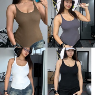 劉漂亮微胖大碼 帶胸墊吊帶背心女夏外穿遮副乳美背文胸一體 美式