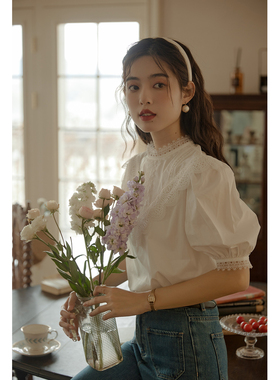 壹晓晓 25年新款白色法式气质前后蕾丝拼接短袖衬衫泡泡袖上衣女