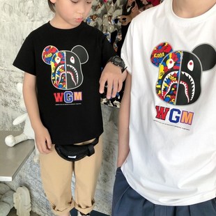 日系潮牌bape童装积木熊联名男女童短袖猿人头休闲T恤中大童半袖