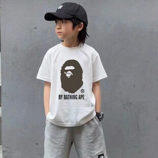 日系潮牌童装亲子半袖25夏季新款猿人头印花儿童全棉短袖T恤男童