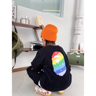 日系潮牌彩色猿人儿童加绒卫衣冬装男女童圆领卫衣套头衫中大童装