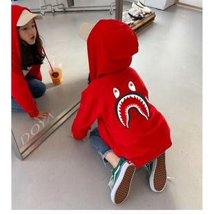 日系潮牌鲨鱼儿童连帽卫衣休闲外套秋冬一体绒男女童套头衫中大童