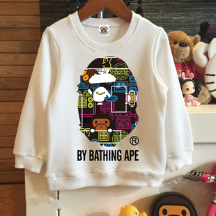 日系潮牌童装猿人头儿童休闲上衣男女童圆领加绒卫衣中大童套头衫