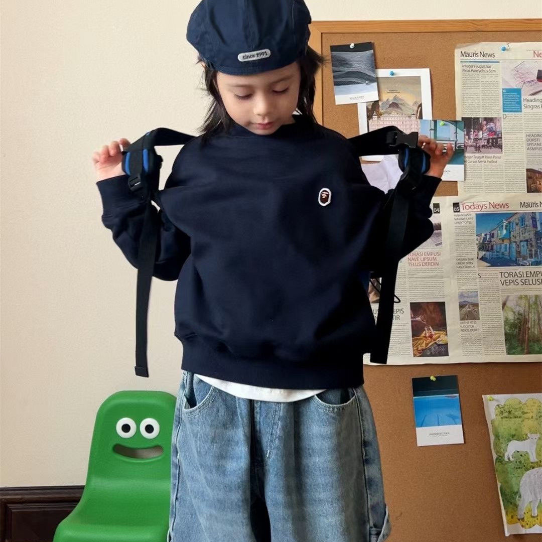 日系潮牌童装男童圆领卫衣秋冬儿童帅气套头衫中大童时髦上衣女童