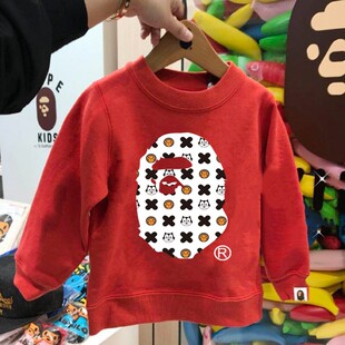 日系潮牌秋冬儿童长袖T恤猿人头男童女童圆领纯棉加绒卫衣中大童