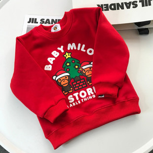 日系潮牌圣诞树卫衣猿人猴卡通印花银狐绒男女儿童加绒打底衫T恤