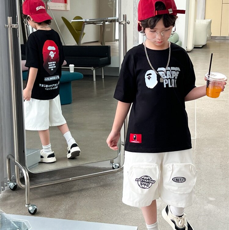 日系潮牌大码亲子体恤2025夏季男孩休闲上衣儿童纯棉短袖T恤男童