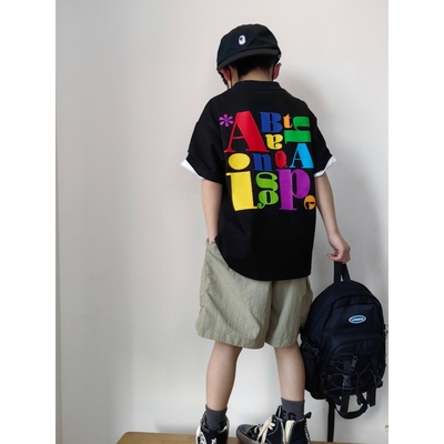 日系潮牌亲子半袖男孩卡通休闲上衣男童短袖T恤中大童百搭t恤