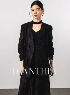 DianThia提花黑色西装外套女夏季优雅风收腰飘带领高级感轻奢西服