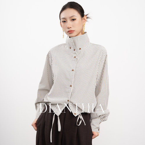 两穿领抽绳收腰条纹衬衫女设计感