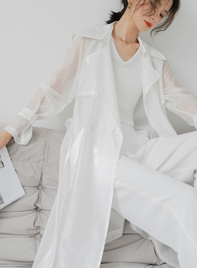白色防晒风衣外套女夏新款防晒服长款全身收腰冰丝防晒衣薄纱外穿