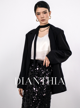 DianThia飘带领黑色薄款西装外套女2026新款腰带收腰高级轻奢外套