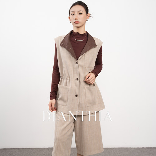 老钱风撞色立领收腰马甲背心女秋