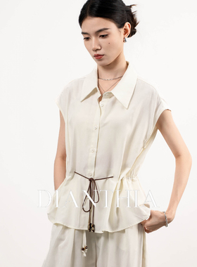 DianThia法式翻领短袖衬衫女夏系带收腰显瘦百搭衬衣