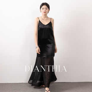 DianThia下摆拼接闪点蕾丝吊带连衣裙女2025新款显瘦高级感打底裙