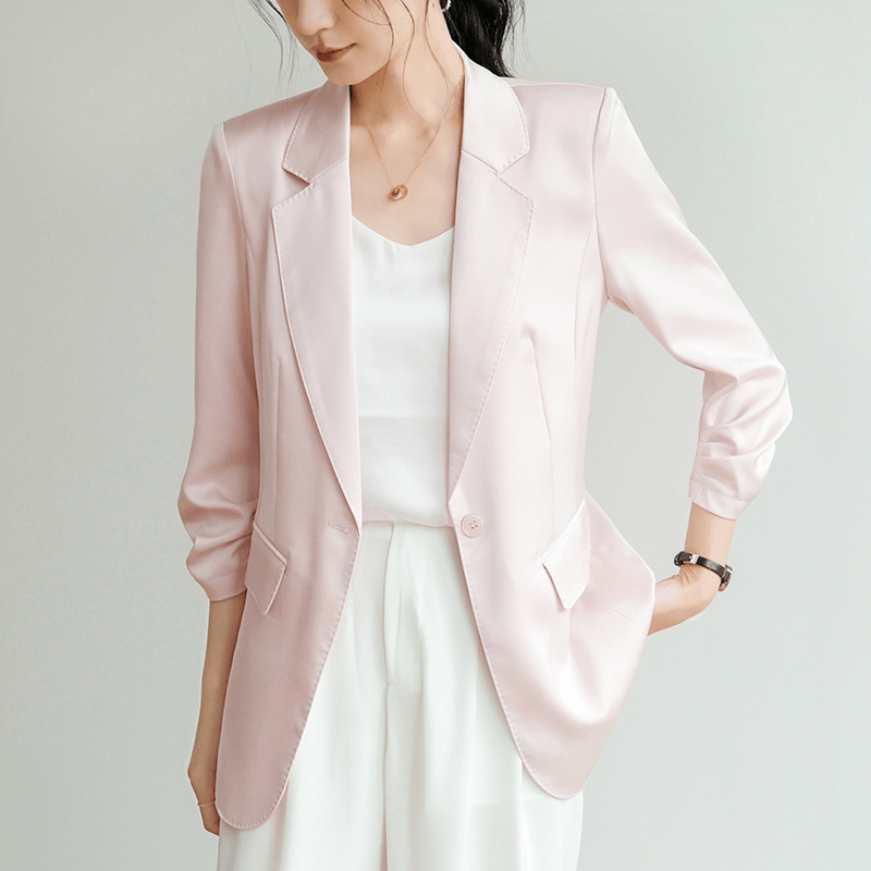 醋酸西装外套女2025早秋薄款修身气质珍珠缎面粉色轻职场休闲西服