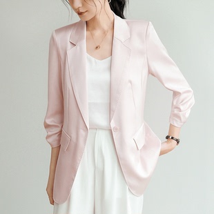 醋酸西装外套女2025早秋薄款修身气质珍珠缎面粉色轻职场休闲西服