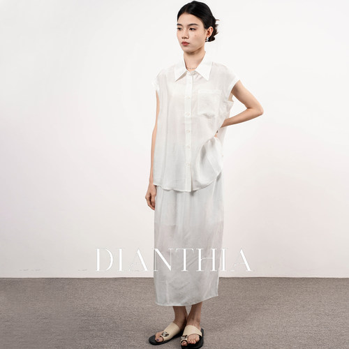 DianThia100%醋酸无袖薄款衬衣夏季亲肤凉爽休闲短袖衬衫女高级感