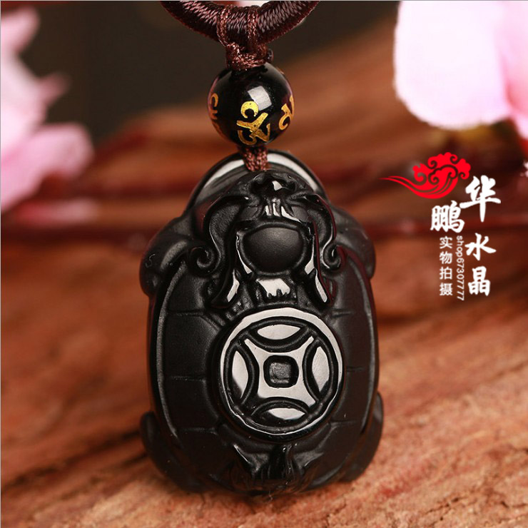 天然黑曜石龙龟吊坠扣