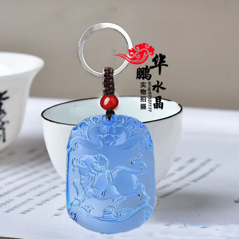 蓝水晶牛吊坠十二生肖项链蓝晶石蓝绒晶男女运转吉祥物招财钥匙扣